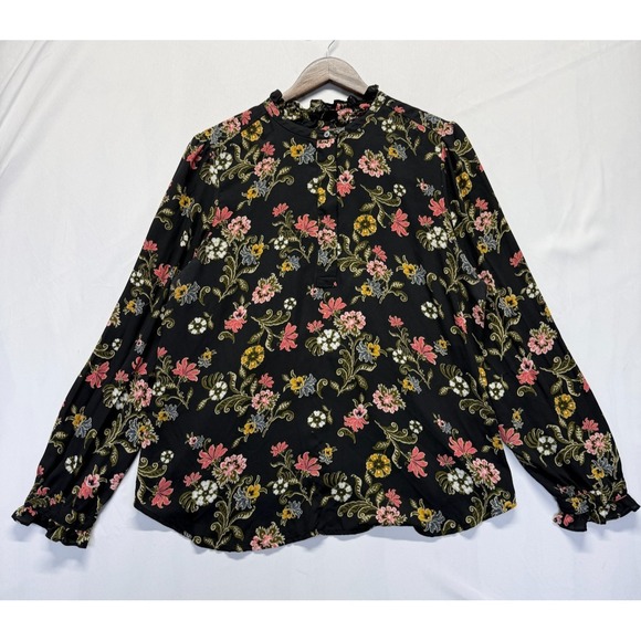 LOFT Tops - Loft Popover Blouse Top Womens XL Black Multi Floral Ruffle Trim Cuff &‎ Neck